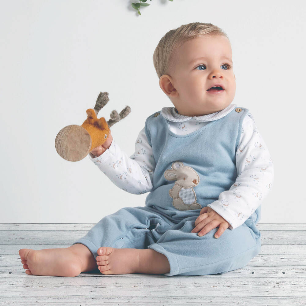 Babidu-Baby Boys Blue Cotton Jersey Dungaree Set with Bunny Print | Childrensalon Outlet