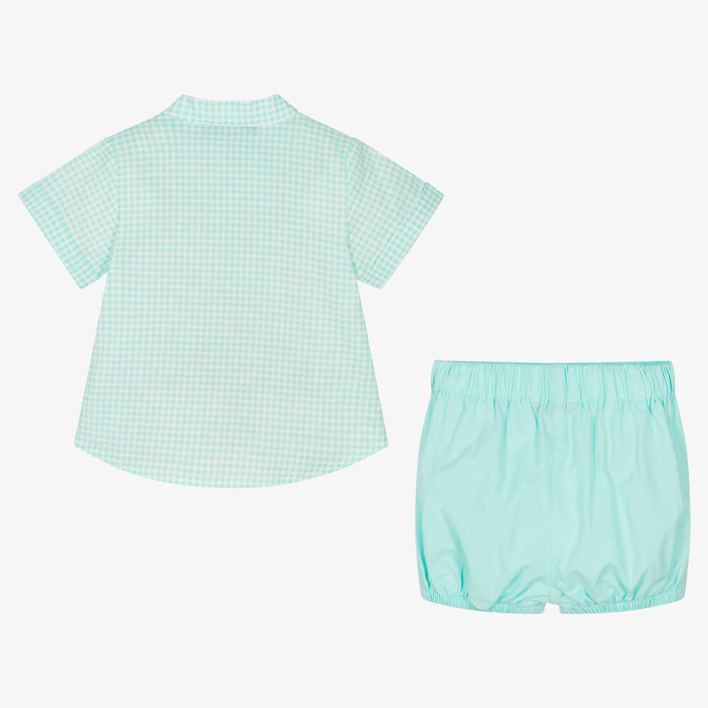 بابيدو -طقم شورت أطفال ولادي قطن جينغهام لون أزرق أكوا | Childrensalon Outlet