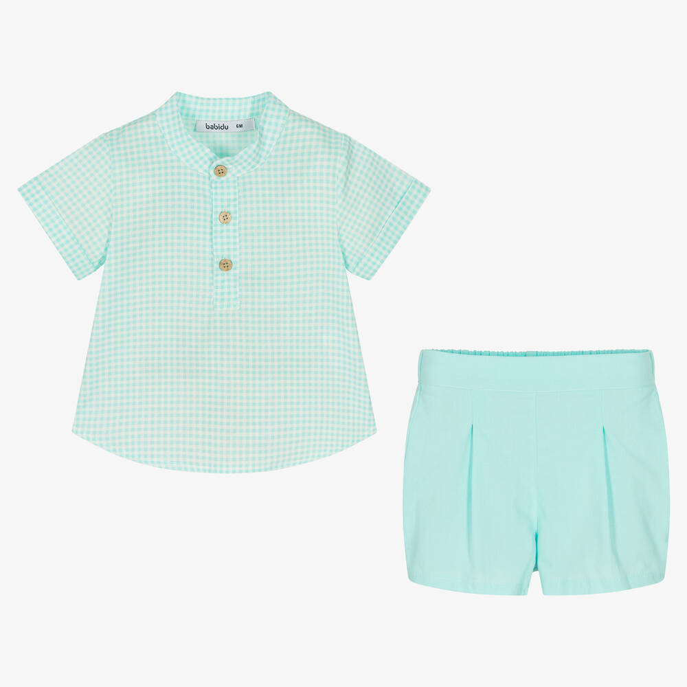 بابيدو -طقم شورت أطفال ولادي قطن جينغهام لون أزرق أكوا | Childrensalon Outlet