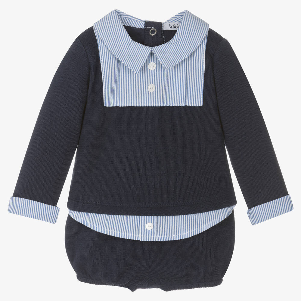 Babidu - Baby Boys Blue Knitted Shorts Set | Childrensalon