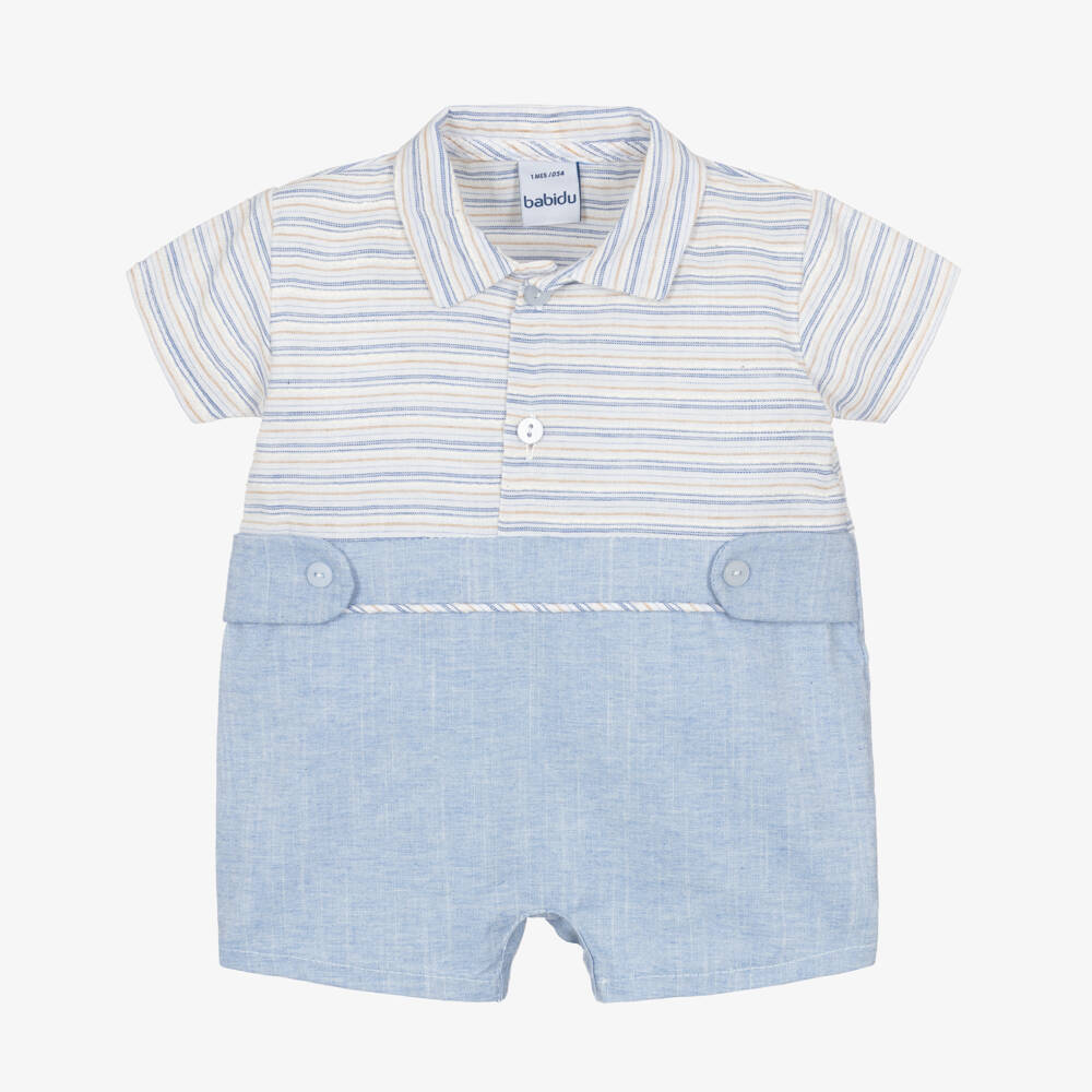 Babidu-Baby Boys Blue Stripe Cotton Shortie with Collar | Childrensalon Outlet