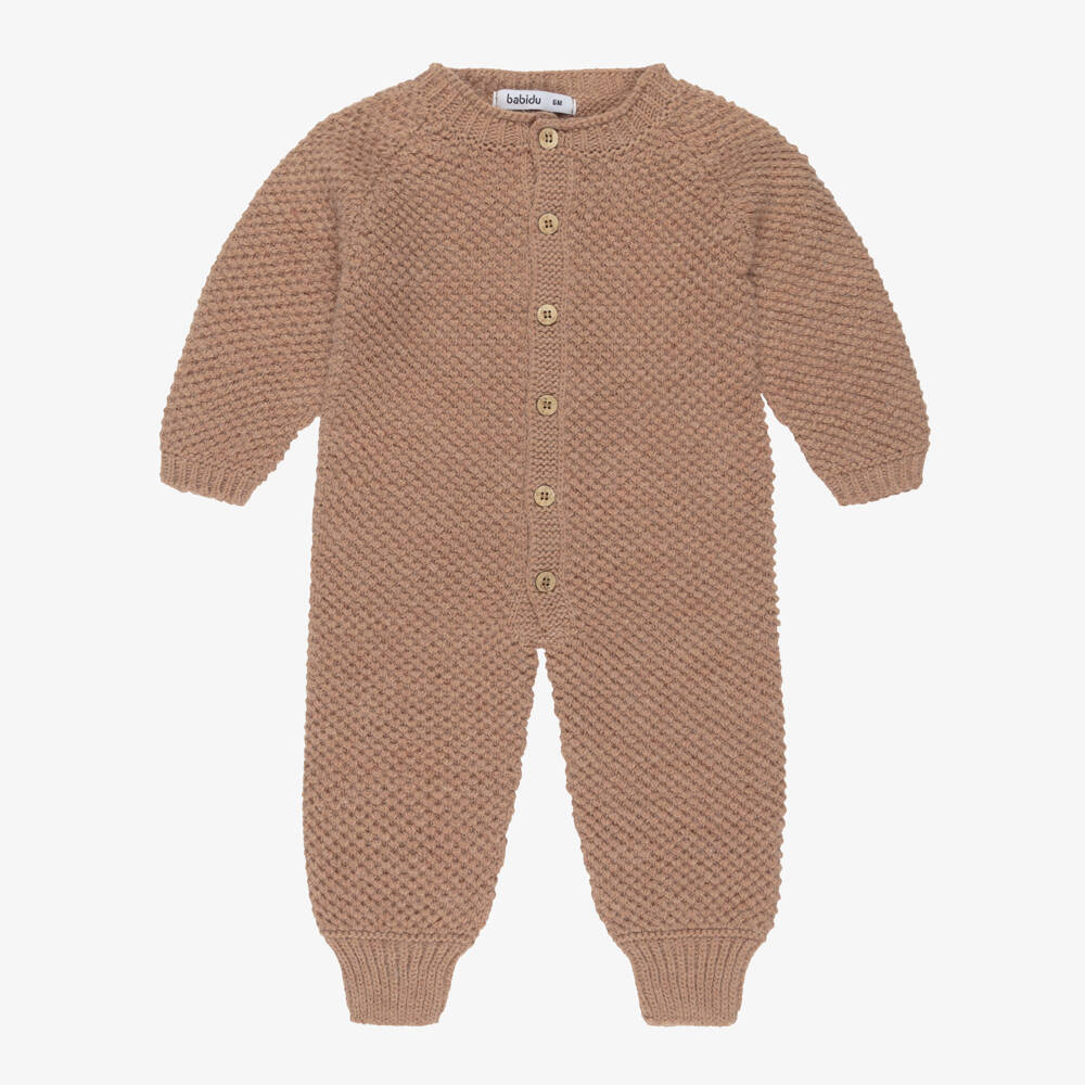 Babidu-Baby Boys Brown Knitted Button-Down Romper | Childrensalon Outlet