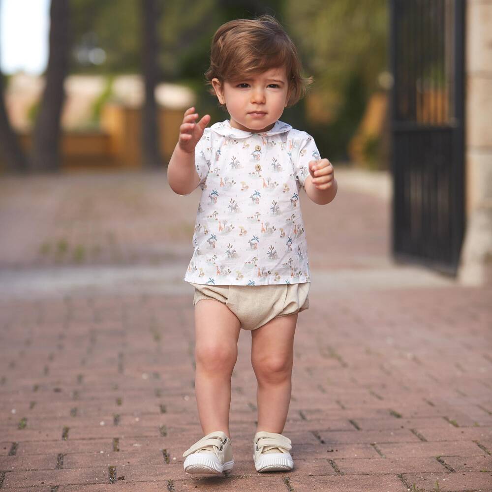 Babidu-Baby Boys Ivory & Beige Cotton Safari Print Shorts Set | Childrensalon Outlet