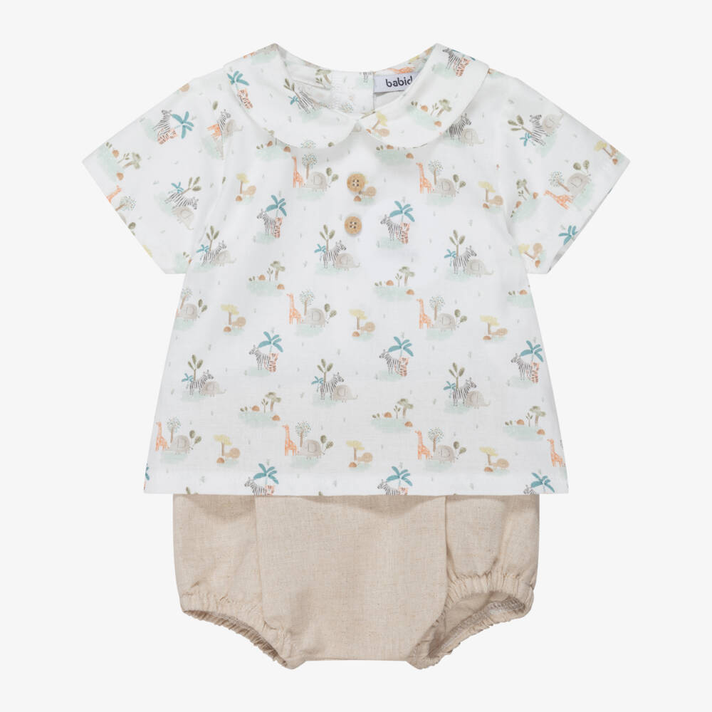 Babidu-Baby Boys Ivory & Beige Cotton Safari Print Shorts Set | Childrensalon Outlet