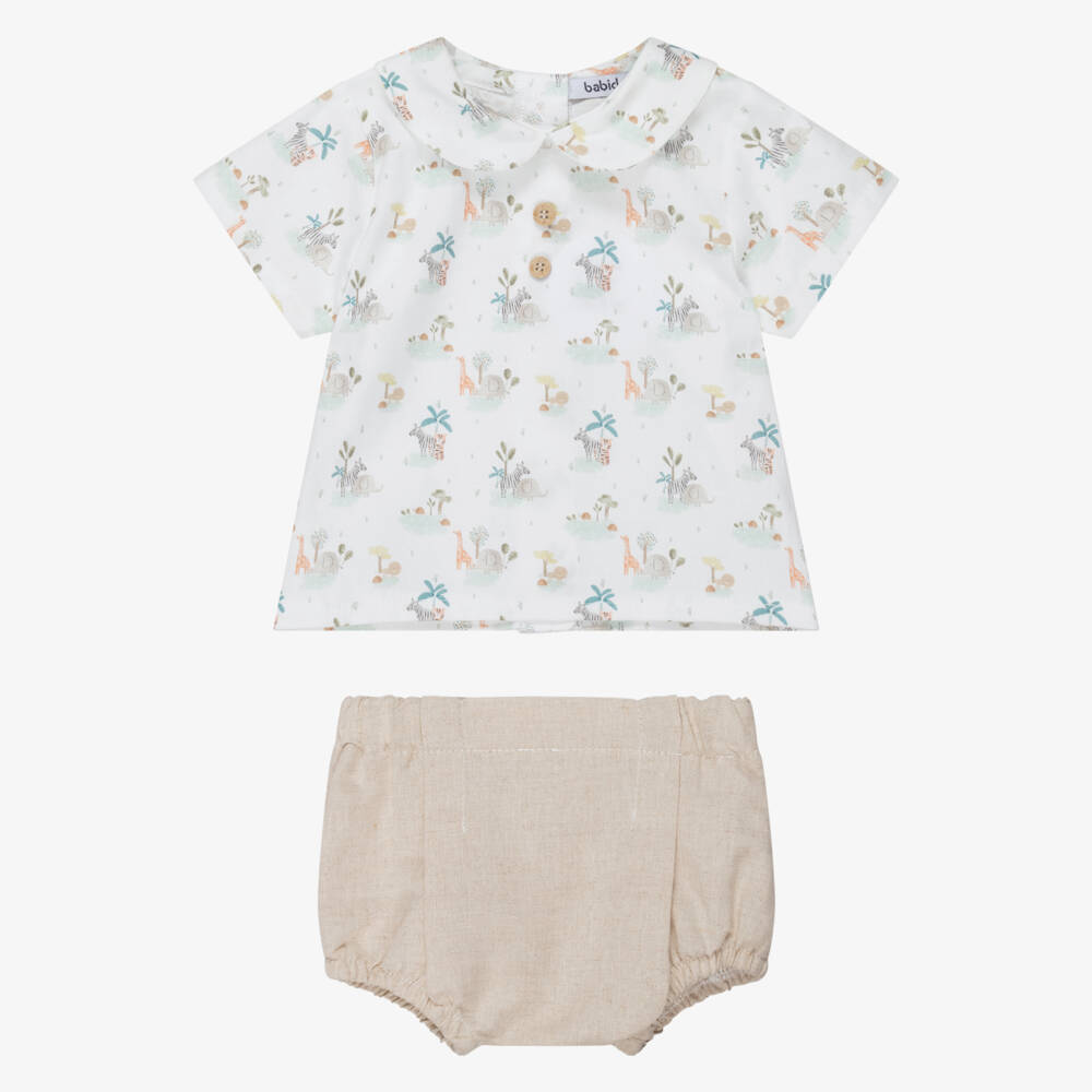 Babidu-Baby Boys Ivory & Beige Cotton Safari Print Shorts Set | Childrensalon Outlet