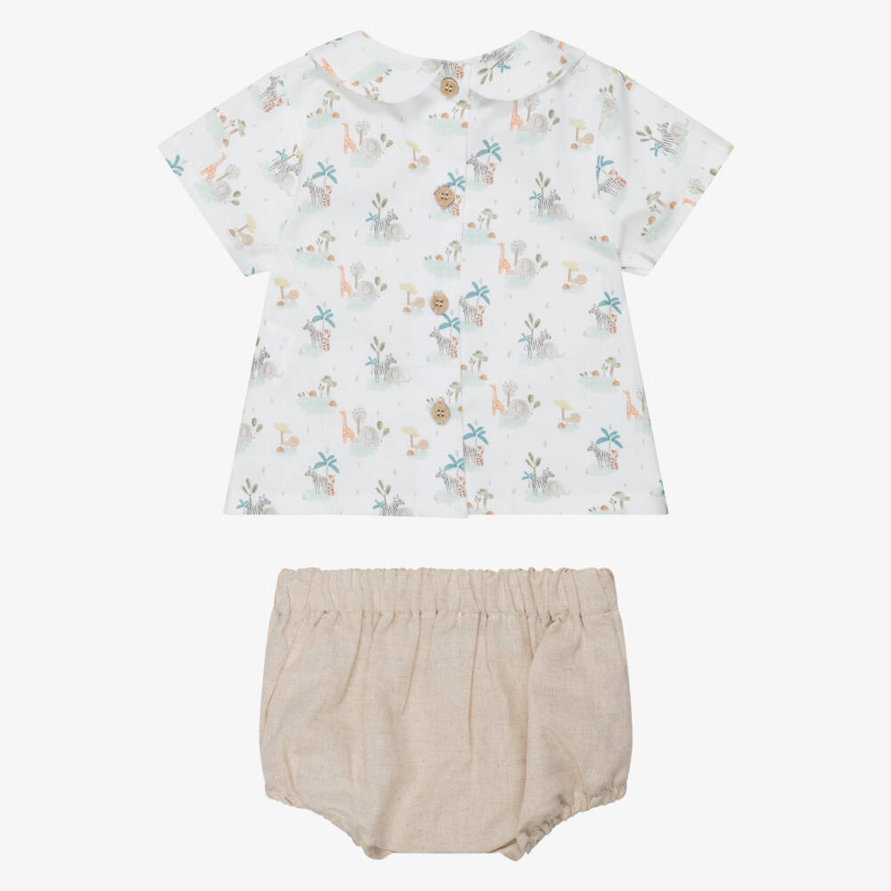 Babidu-Baby Boys Ivory & Beige Cotton Safari Print Shorts Set | Childrensalon Outlet