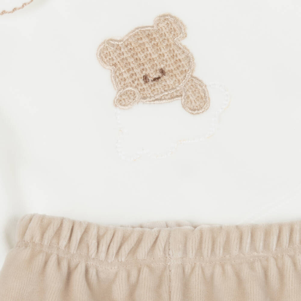 Babidu-Baby Boys Ivory & Beige Velour Teddy Bear 2 Piece Babygrow | Childrensalon Outlet