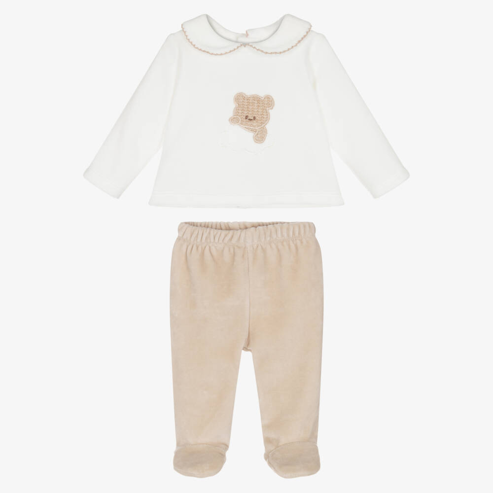 Babidu-Baby Boys Ivory & Beige Velour Teddy Bear 2 Piece Babygrow | Childrensalon Outlet