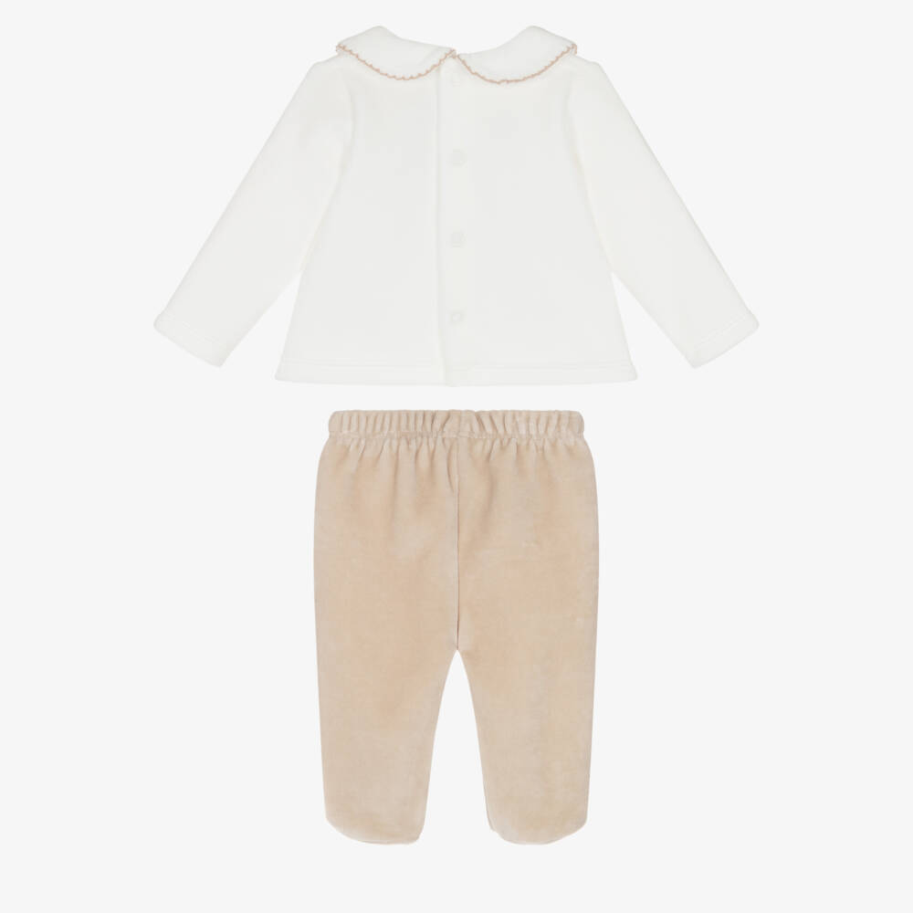 Babidu-Baby Boys Ivory & Beige Velour Teddy Bear 2 Piece Babygrow | Childrensalon Outlet