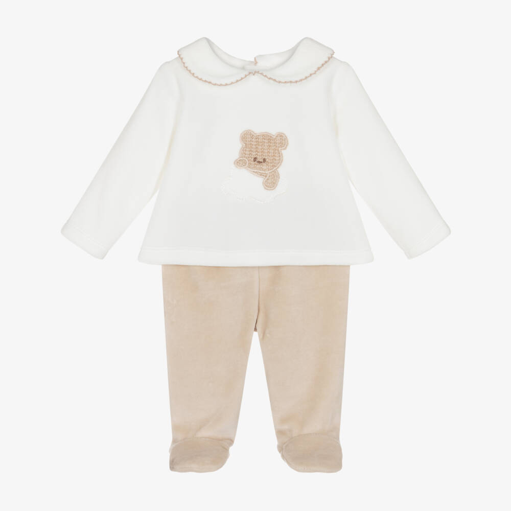 Babidu-Baby Boys Ivory & Beige Velour Teddy Bear 2 Piece Babygrow | Childrensalon Outlet