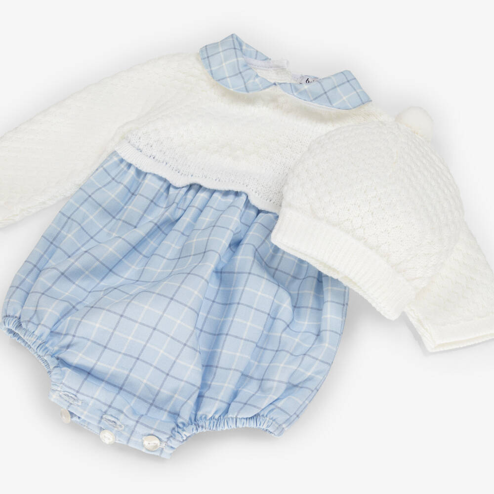 Babidu-Baby Boys Ivory & Blue Shortie & Hat Set | Childrensalon Outlet