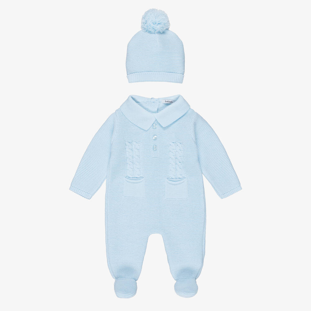 Babidu-Baby Boys Light Blue Knitted Babygrow & Hat Set | Childrensalon Outlet