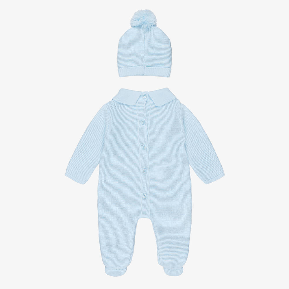 Babidu-Baby Boys Light Blue Knitted Babygrow & Hat Set | Childrensalon Outlet