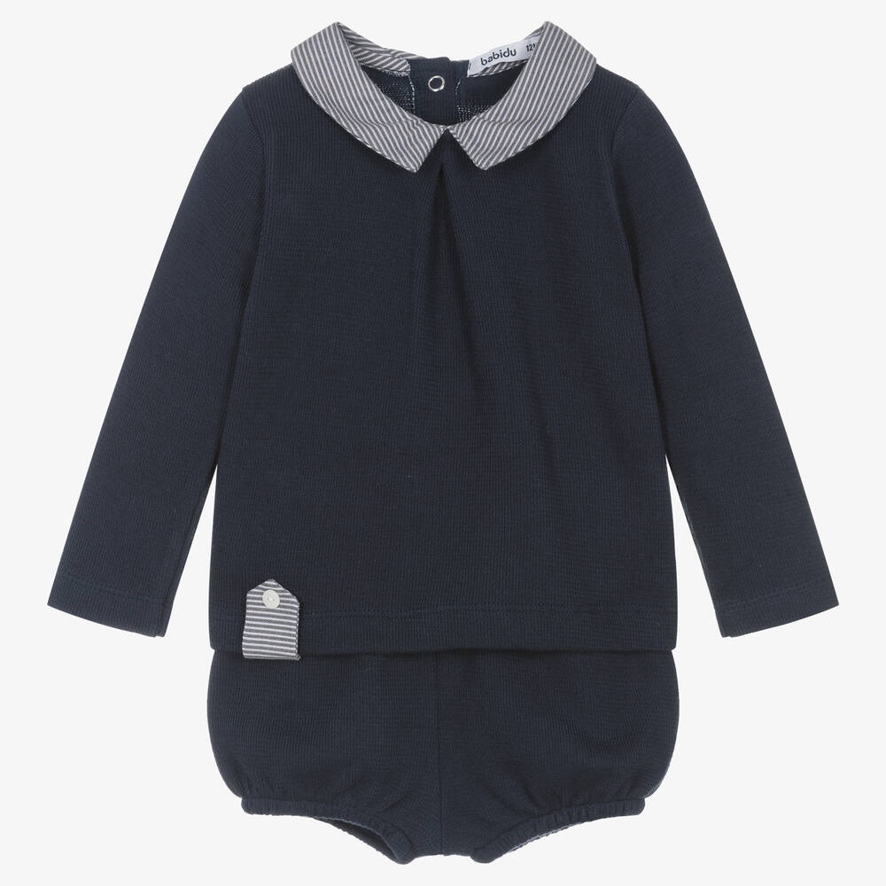Babidu-Baby Boys Navy Blue Cotton Shorts Set | Childrensalon Outlet