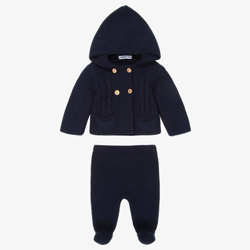 Babidu-Baby Boys Navy Blue Knitted Pram Coat Set | Childrensalon Outlet