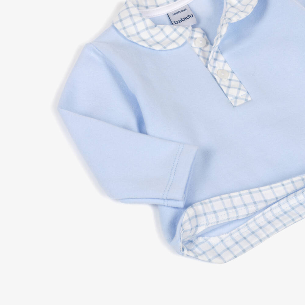 Babidu-Baby Boys Pale Blue Cotton Shorts Set with Check Trim | Childrensalon Outlet