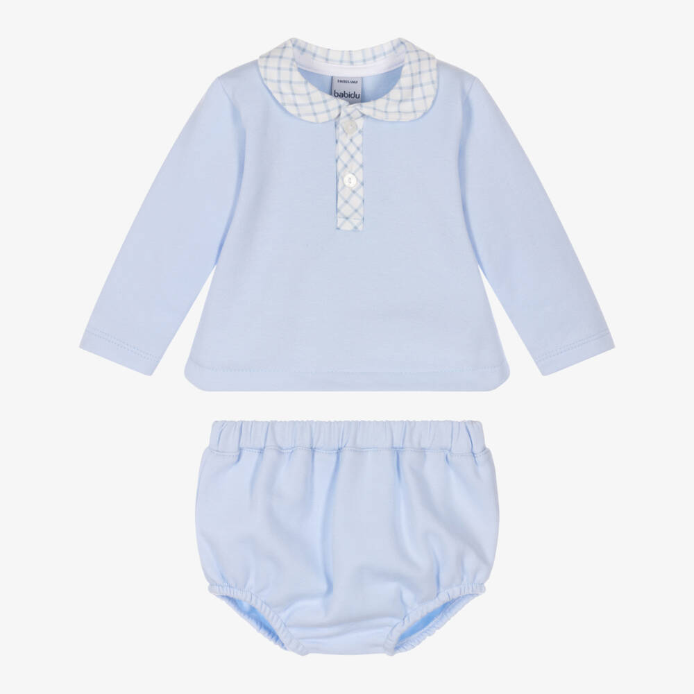 Babidu-Baby Boys Pale Blue Cotton Shorts Set with Check Trim | Childrensalon Outlet