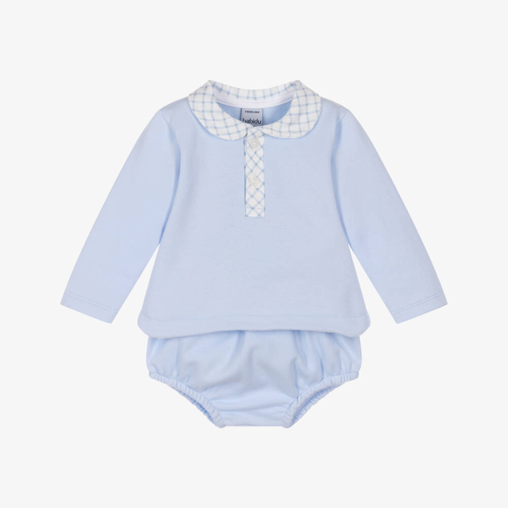 Babidu-Baby Boys Pale Blue Cotton Shorts Set with Check Trim | Childrensalon Outlet