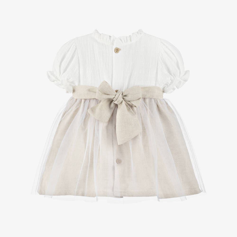 Babidu-Baby Girls Beige Cotton & Tulle Dress | Childrensalon Outlet