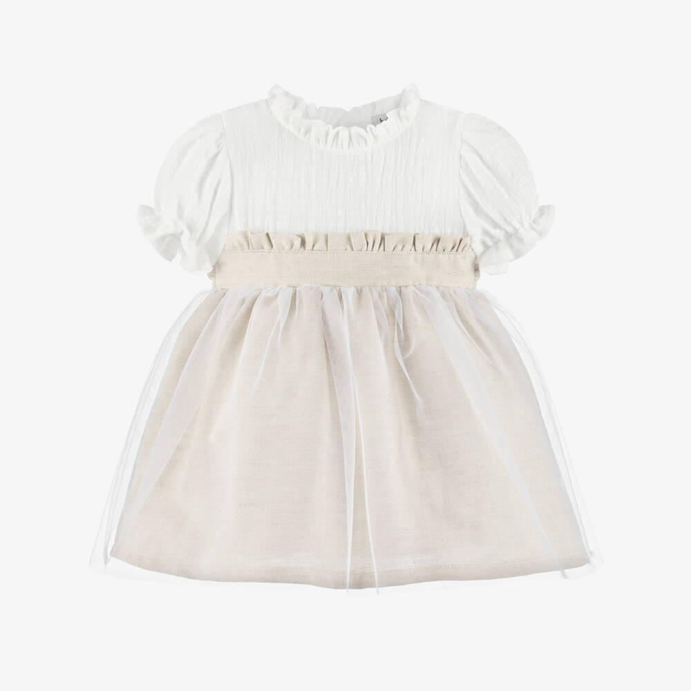 Babidu-Baby Girls Beige Cotton & Tulle Dress | Childrensalon Outlet