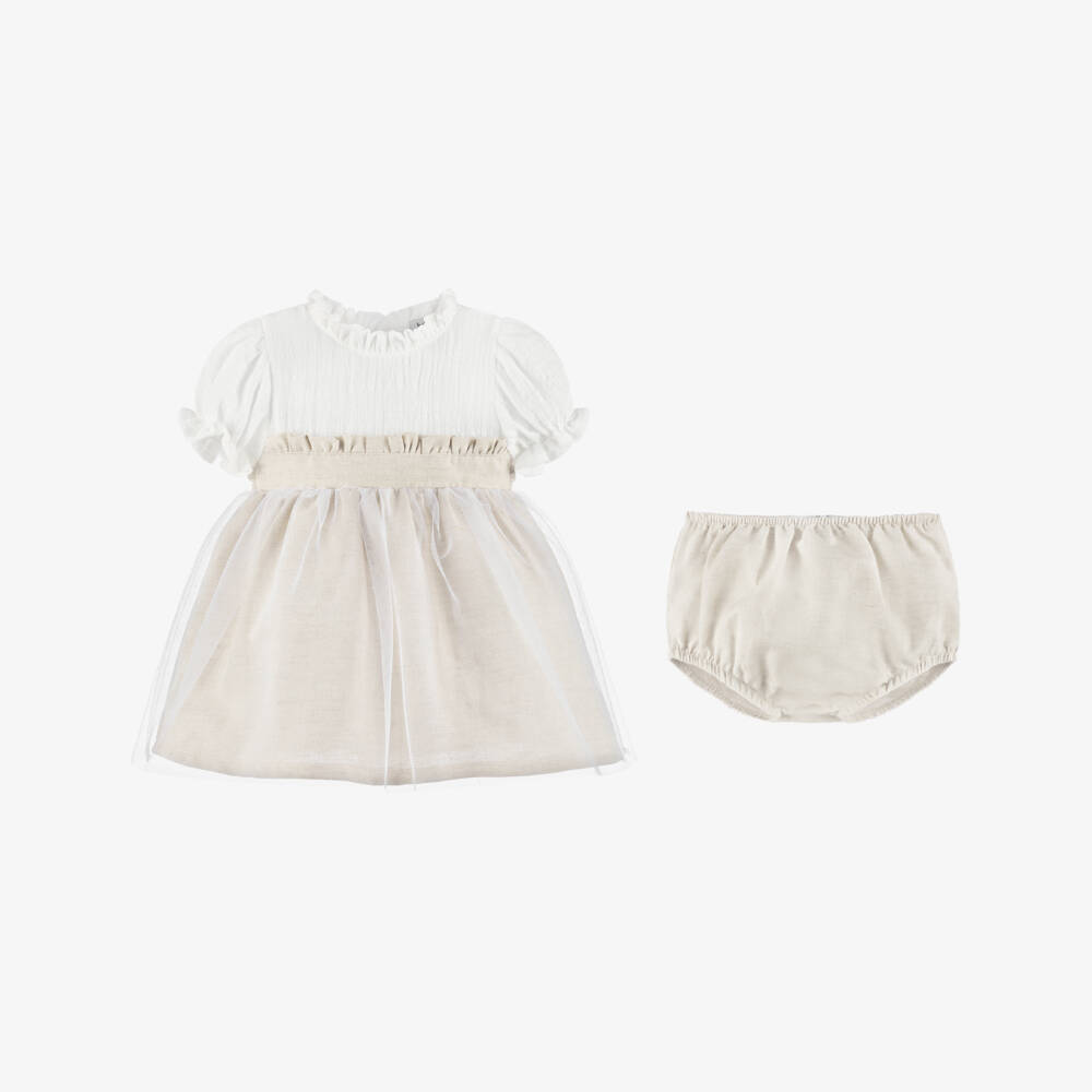 Babidu-Baby Girls Beige Cotton & Tulle Dress | Childrensalon Outlet