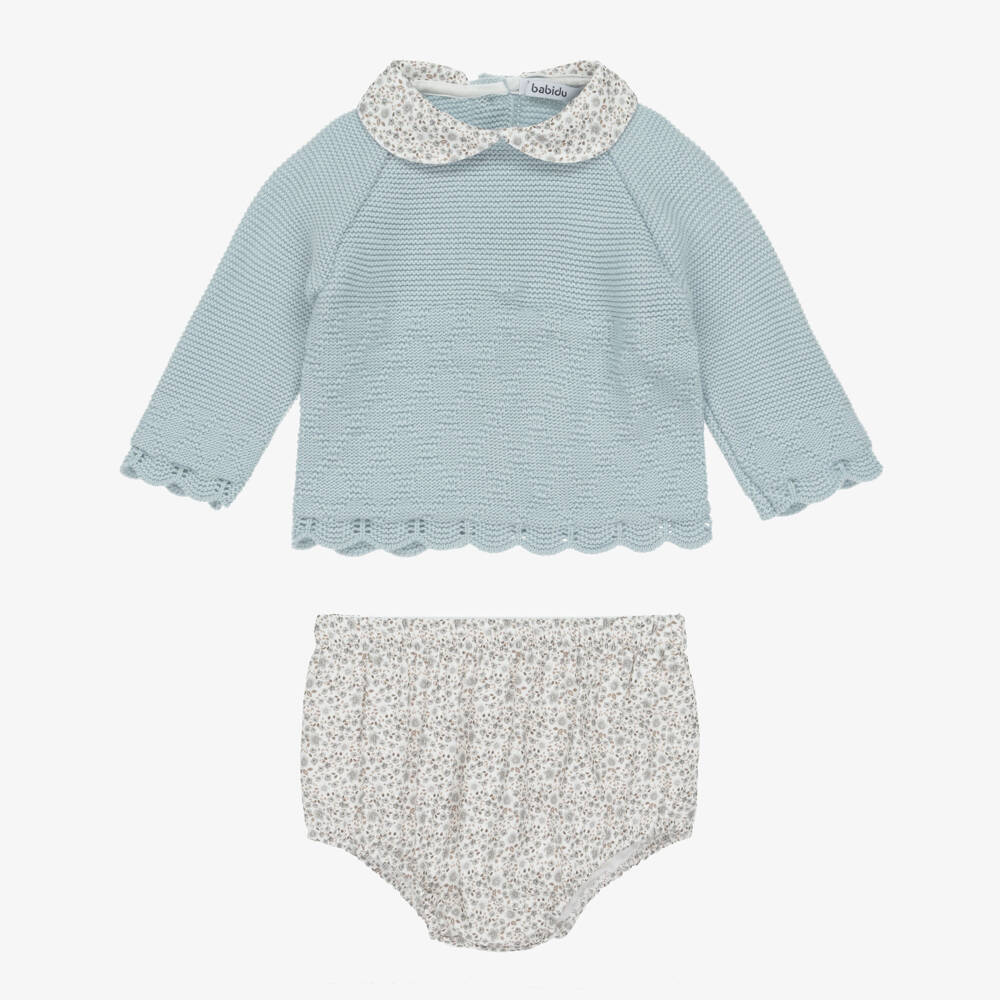 Babidu-Baby Girls Blue Knitted & Floral Shorts Set | Childrensalon Outlet