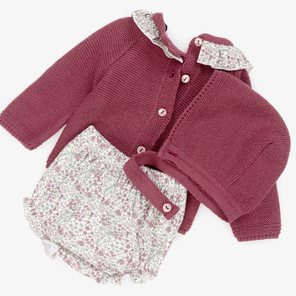 Babidu-Baby Girls Burgundy Red Knit & Floral Cotton Shorts Set | Childrensalon Outlet