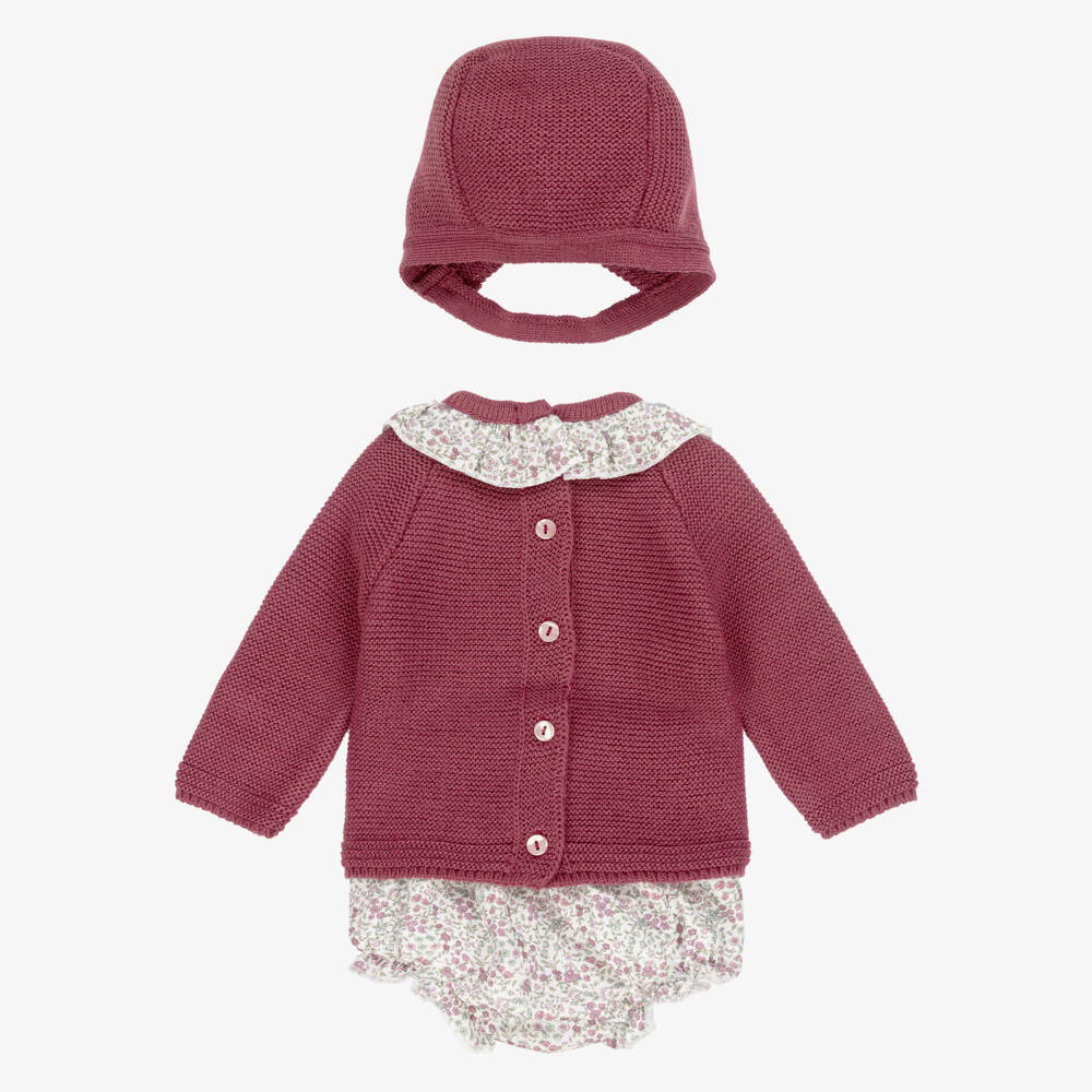 Babidu-Baby Girls Burgundy Red Knit & Floral Cotton Shorts Set | Childrensalon Outlet