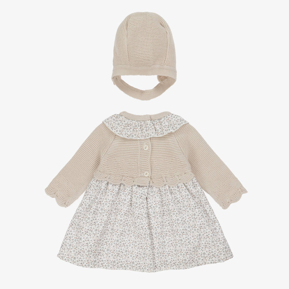 Babidu-Baby Girls Floral & Beige Knitted Dress Set | Childrensalon Outlet