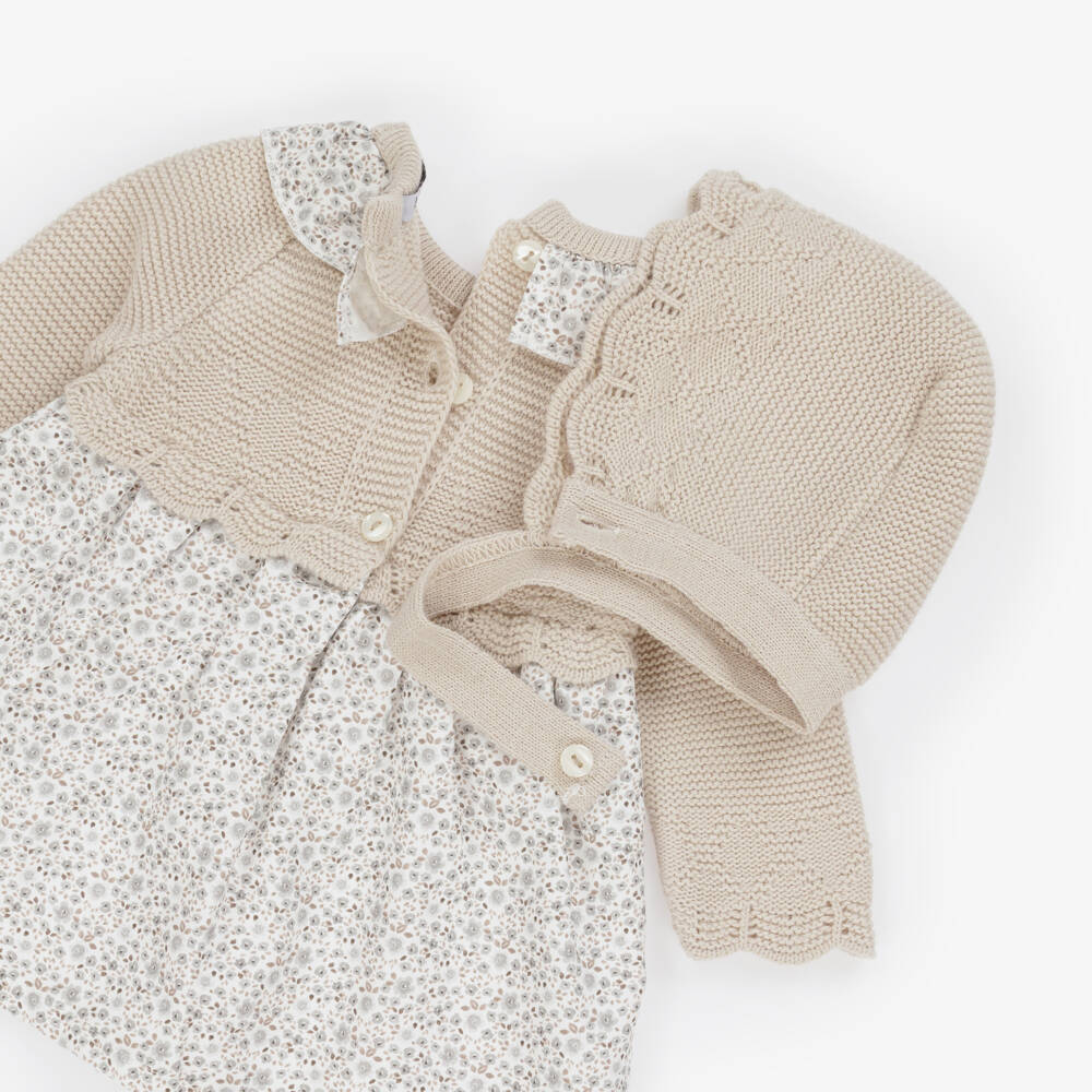 Babidu-Baby Girls Floral & Beige Knitted Dress Set | Childrensalon Outlet