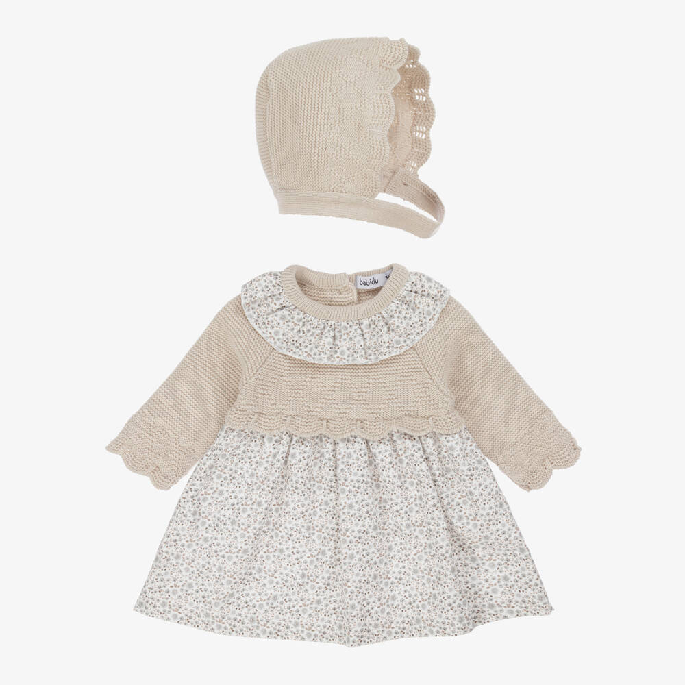 Babidu-Baby Girls Floral & Beige Knitted Dress Set | Childrensalon Outlet