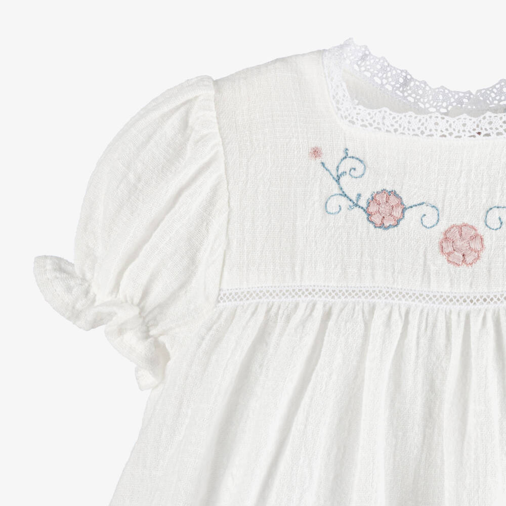 Babidu-Baby Girls Ivory Cotton Dress with Pink Floral Embroidery | Childrensalon Outlet