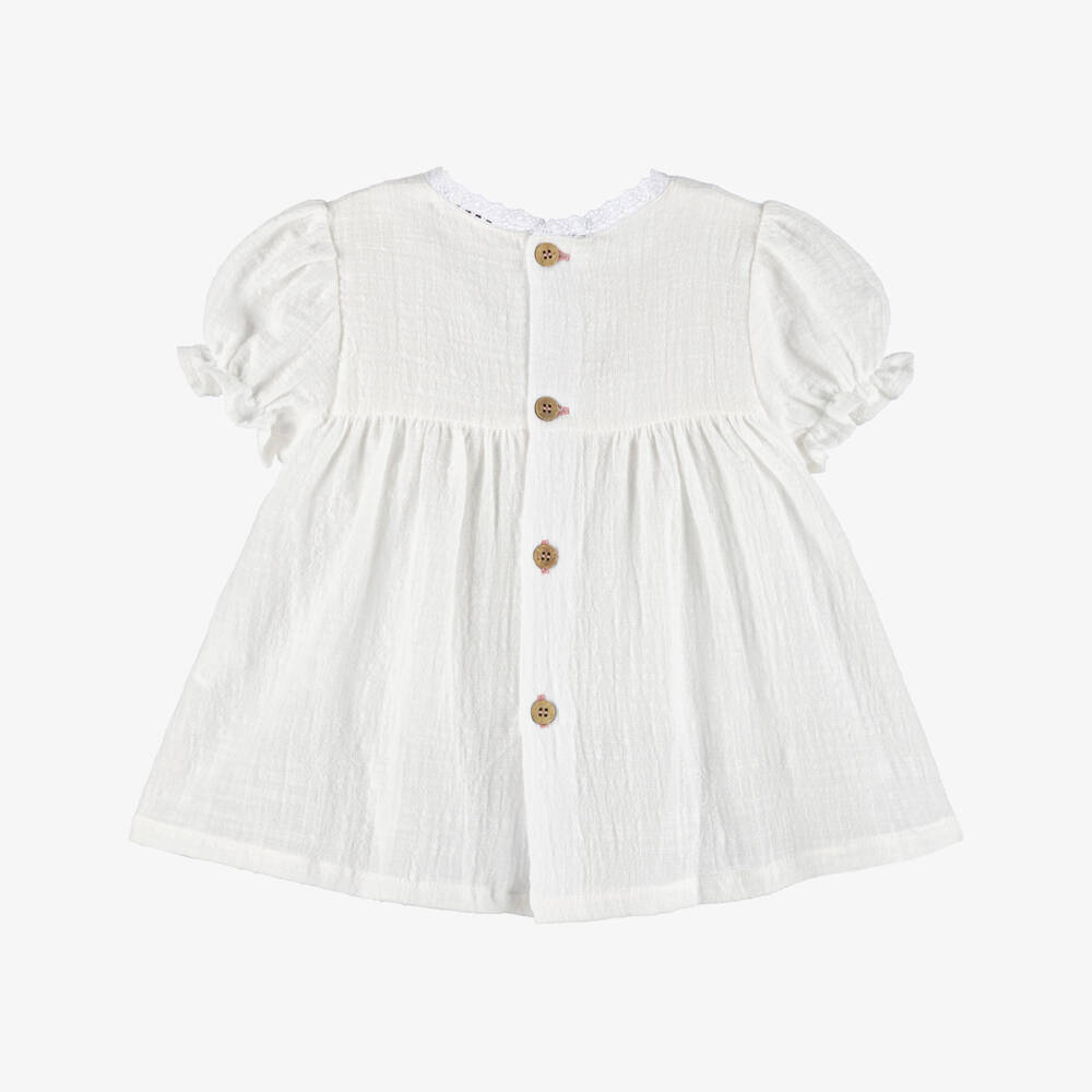 Babidu-Baby Girls Ivory Cotton Dress with Pink Floral Embroidery | Childrensalon Outlet