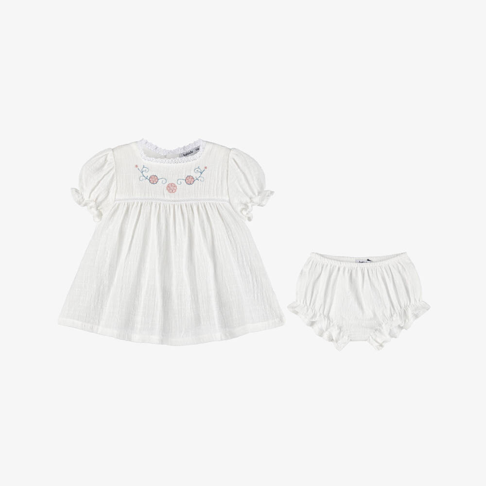 Babidu-Baby Girls Ivory Cotton Dress with Pink Floral Embroidery | Childrensalon Outlet
