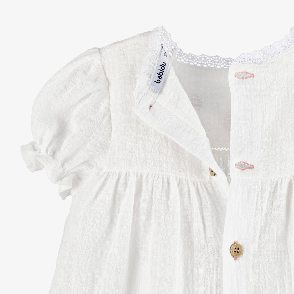Babidu-Baby Girls Ivory Cotton Dress with Pink Floral Embroidery | Childrensalon Outlet