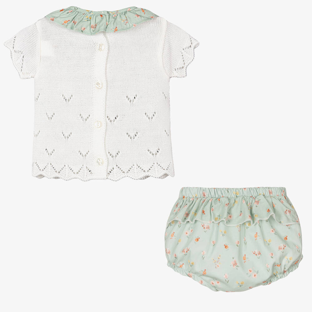 Babidu-Baby Girls Ivory & Green Floral Shorts Set | Childrensalon Outlet