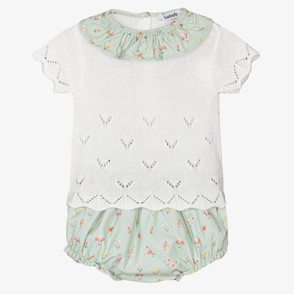 Babidu-Baby Girls Ivory & Green Floral Shorts Set | Childrensalon Outlet