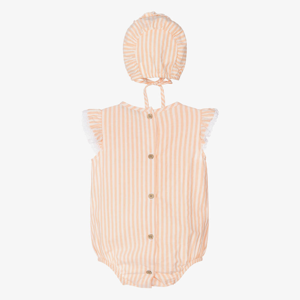 Babidu-Baby Girls Orange Stripe Shortie & Bonnet Set | Childrensalon Outlet