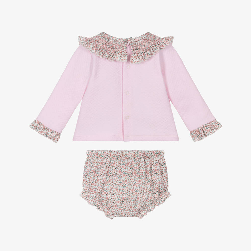 Babidu-Baby Girls Pink Cotton Floral Shorts Set with Shirred Collar | Childrensalon Outlet