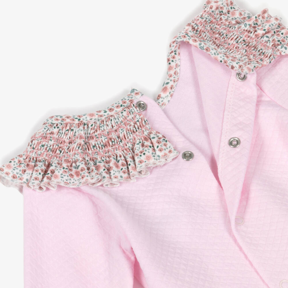 Babidu-Baby Girls Pink Cotton Floral Shorts Set with Shirred Collar | Childrensalon Outlet