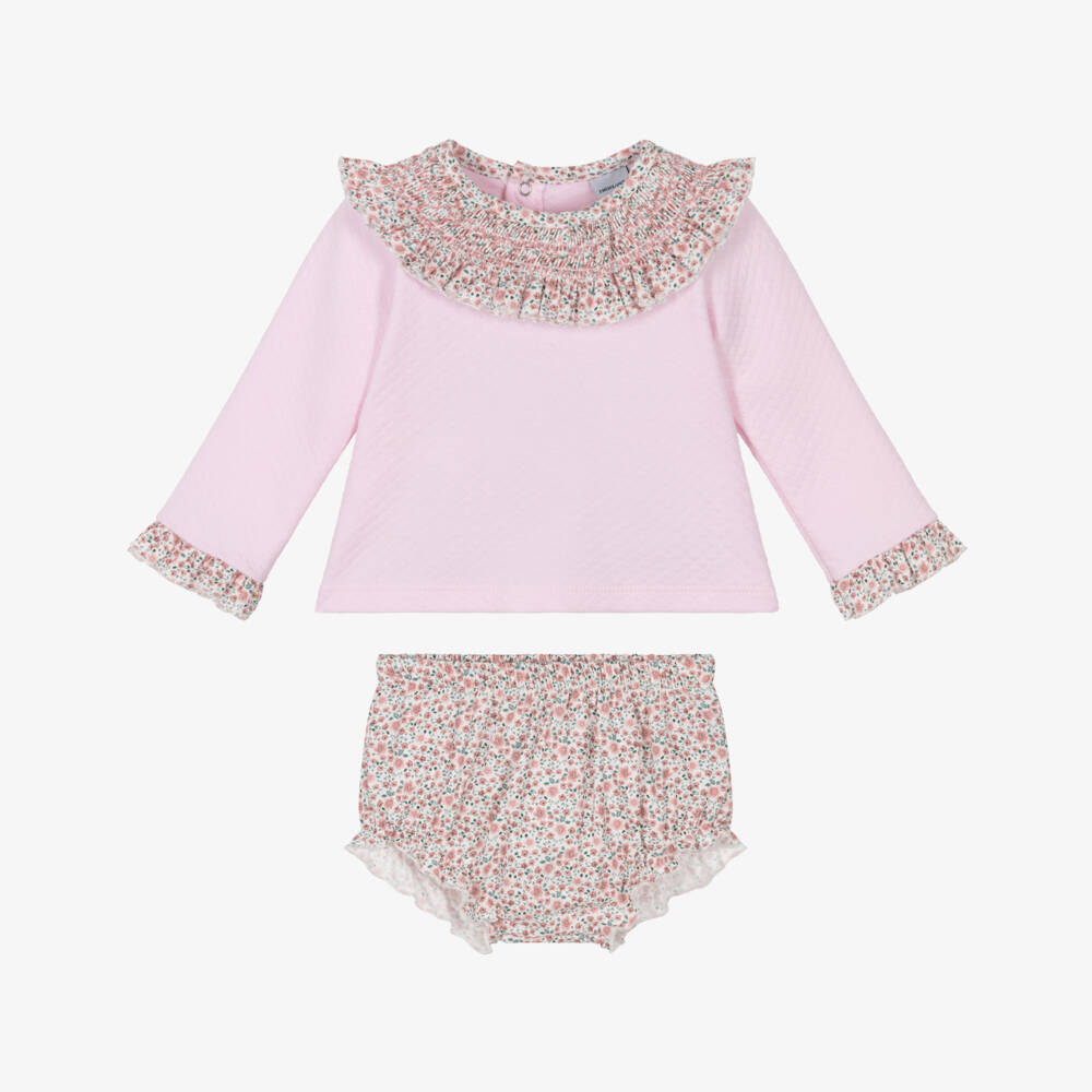 Babidu-Baby Girls Pink Cotton Floral Shorts Set with Shirred Collar | Childrensalon Outlet