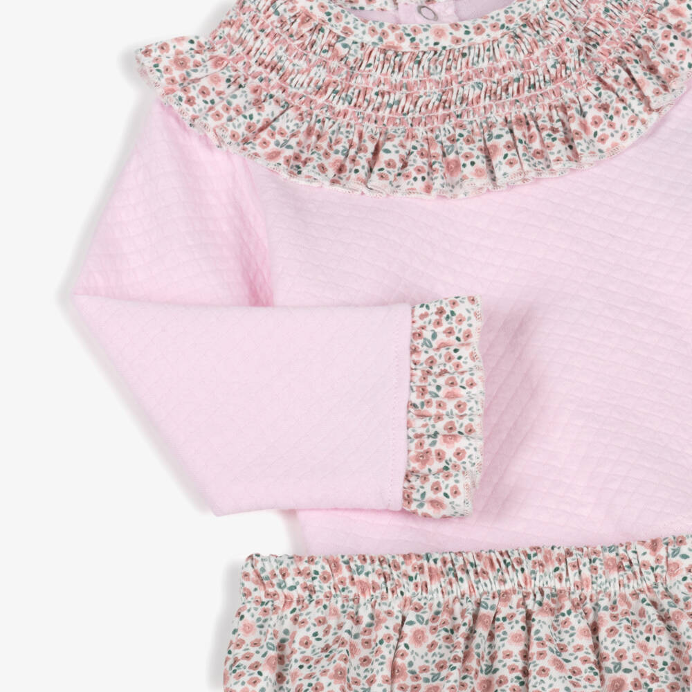 Babidu-Baby Girls Pink Cotton Floral Shorts Set with Shirred Collar | Childrensalon Outlet