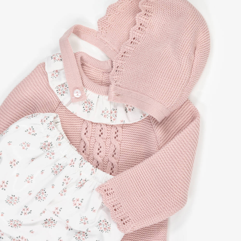 Babidu-Baby Girls Pink Knit & Floral Cotton Shorts Set | Childrensalon Outlet