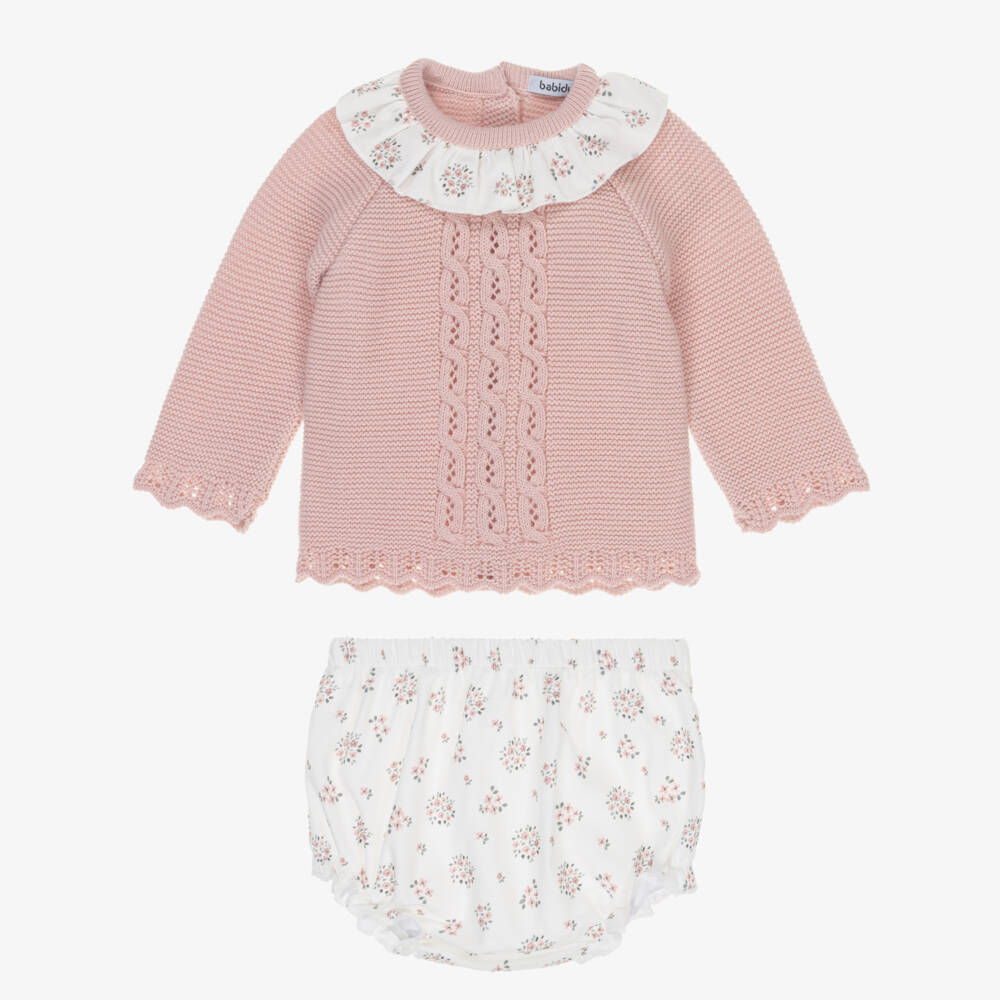 Babidu-Baby Girls Pink Knit & Floral Cotton Shorts Set | Childrensalon Outlet