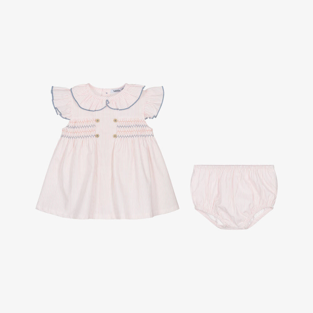 Babidu-Baby Girls Pink Stripe Shirred Cotton Dress | Childrensalon Outlet