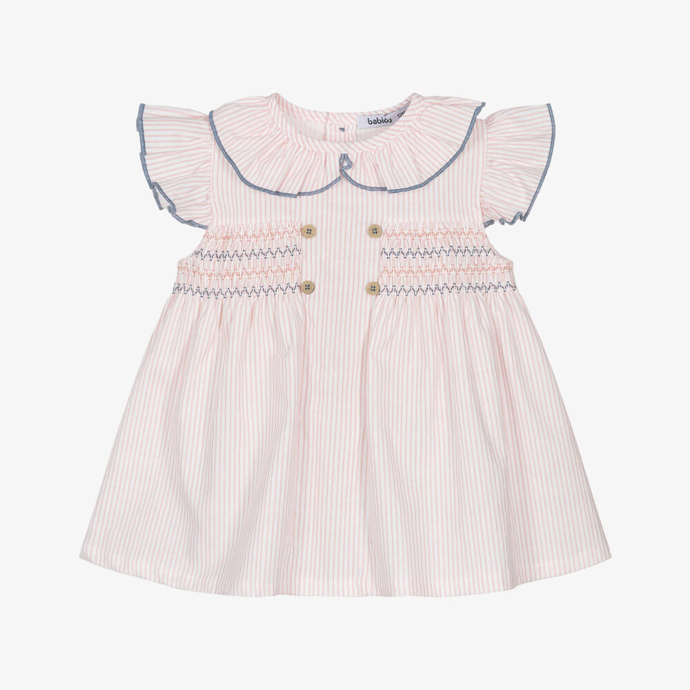 Babidu-Baby Girls Pink Stripe Shirred Cotton Dress | Childrensalon Outlet