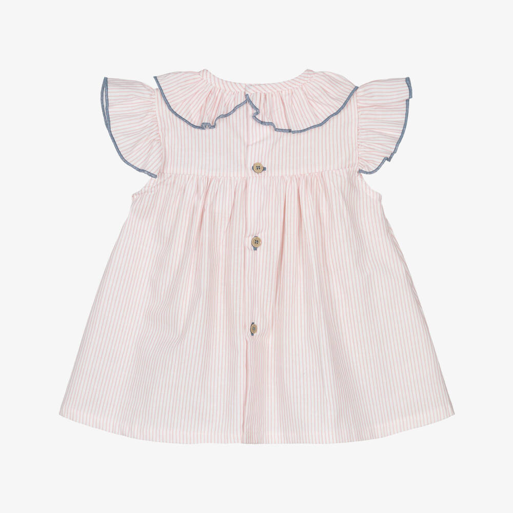 Babidu-Baby Girls Pink Stripe Shirred Cotton Dress | Childrensalon Outlet