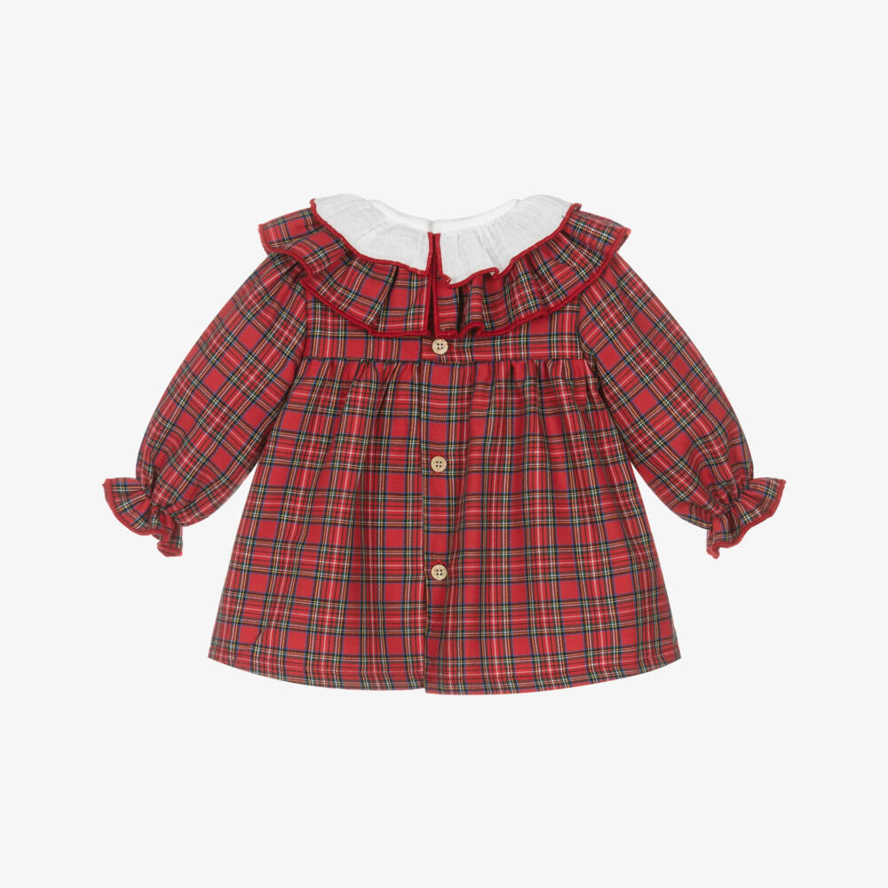 Babidu-فستان بناتي أحمر من القطن بنقشة الترتان مع كشكشات | Childrensalon Outlet