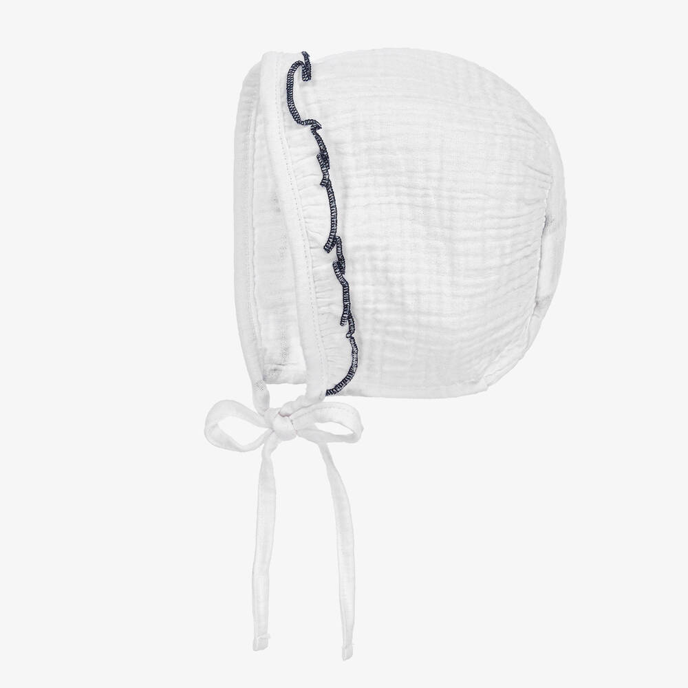 Babidu-Baby Girls White & Blue Cotton Bonnet | Childrensalon Outlet