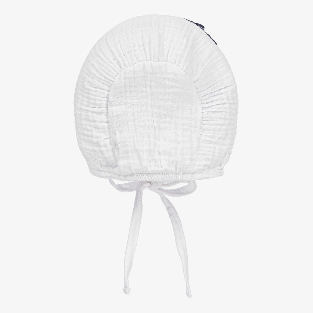 Babidu-Baby Girls White & Blue Cotton Bonnet | Childrensalon Outlet